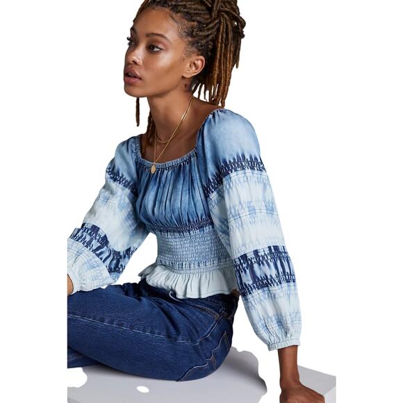 Pilcro Smocked Chambray Blouse Blue Tie-Dye Boho Off Shoulder Peasant Top XS - Picture 2 of 5